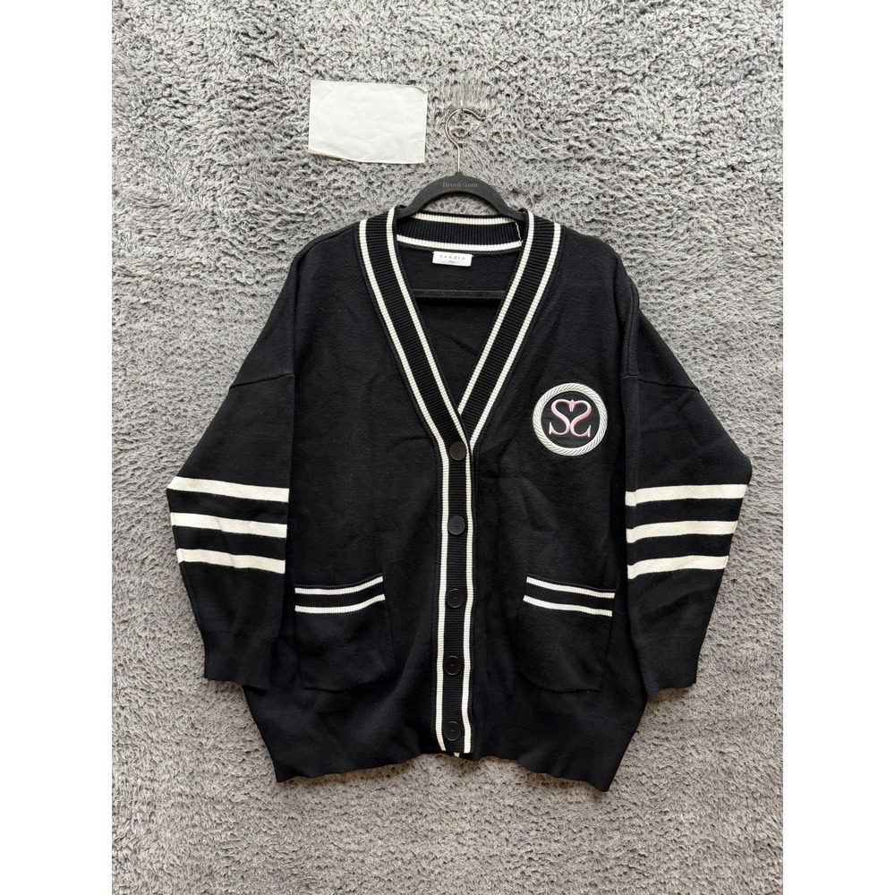 Sandro Paris Melna Striped-Trim Crest V-Neck Cardigan Sweater Black Women Size 2
